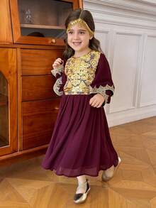 Dazy Kids Young Girl Floral Print Loose Fit Round Neck Long Sleeve Dress - Purple - View 8