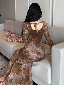 DAZY Rochie lungă elegantă, cu talie strânsă, pentru femei, rochie maxi, rochie de vară, rochii florale pentru femei - Maro - Vizualizare 4