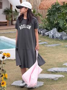 DAZY Tween Girls Round Neck Letter Print Short Sleeve Knit Dress, Fall - Grey - View 3