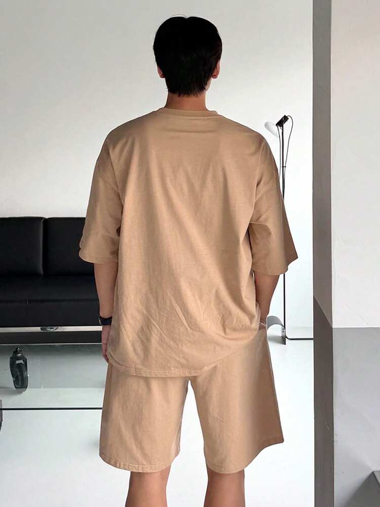 Khaki Short Sleeve T-Shirt & Shorts Set With Letter Print Design For Men, Summer