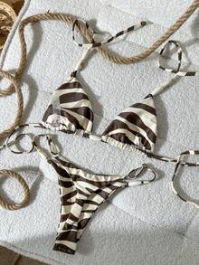 Swim Vcay Conjunto de bikini con collar de cuentas con estampado aleatorio para mujer, primavera/verano - Multicolor - Ver 3