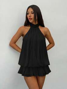 SHEIN PETITE Đầm ngắn không tay, cổ buộc dây, màu vàng nhạt thanh lịch, thích hợp cho tiệc tùng, hẹn hò, mùa thu/đông và xuân/hè. - màu đen - Xem 4