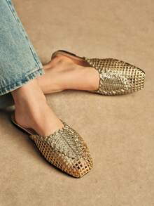 Rosivie Mocasines planos de punta cuadrada con diseño tejido y sin cordones para mujer - Dorado - Ver 5