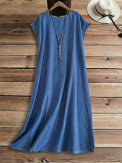 Rusticease Plus Size Women Round Neck Batwing Short Sleeve Loose Casual Denim Dress