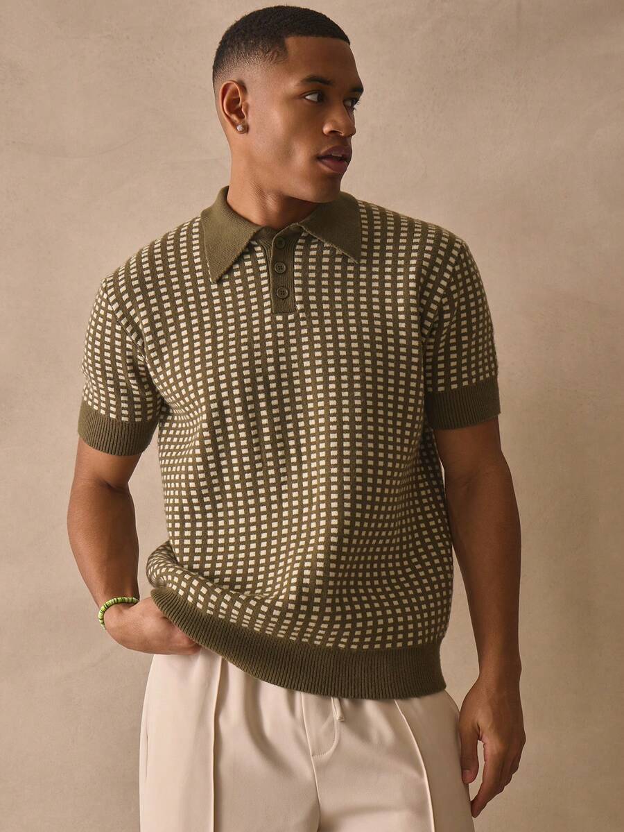 Musero Check Style Relaxed Fit Short Sleeve Slight Crop Collared Polo Knit Shirt Style Top Spring Summer Essentials - Multicolor - View 1