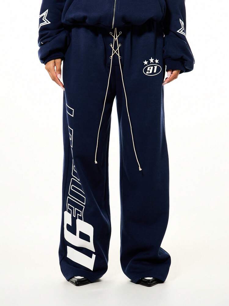 SUMWON WOMEN Lace-Up Front Wide Leg Graphic Joggers