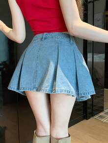 DAZY Chân váy ngắn xếp ly cạp thấp dành cho nữ, chân váy chữ A bằng denim thanh lịch, phong cách thường ngày. - Rửa trung bình - Xem 5