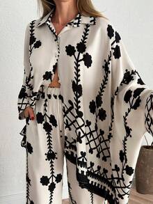 Women's Bohemian Style Casual Long Sleeve Printed Shirt And Pants 2 Pieces Set - White - View 2