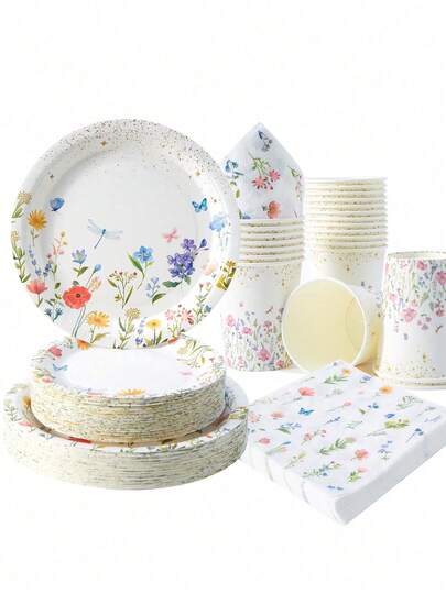 Disposable White-Base Floral Plates, Napkins, And Paper Cups, Suitable For 25 Guests. These Disposable Party Supplies, Including Plates, Napkins, And Paper Cups, Are Perfect For Birthday Parties And Family Picnics
