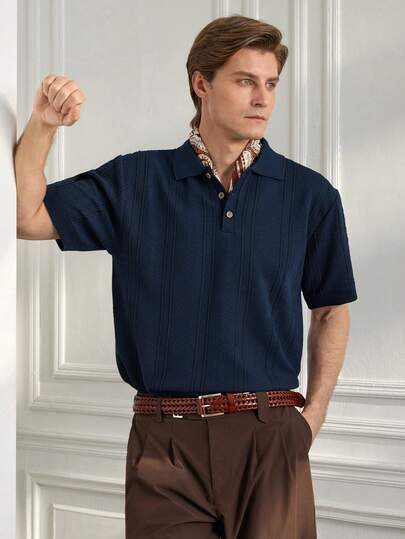 Officeau 男士夏季休闲短袖针织上衣老款唯美男士纽扣Polo衫男士针织Polo衫男士Polo衫