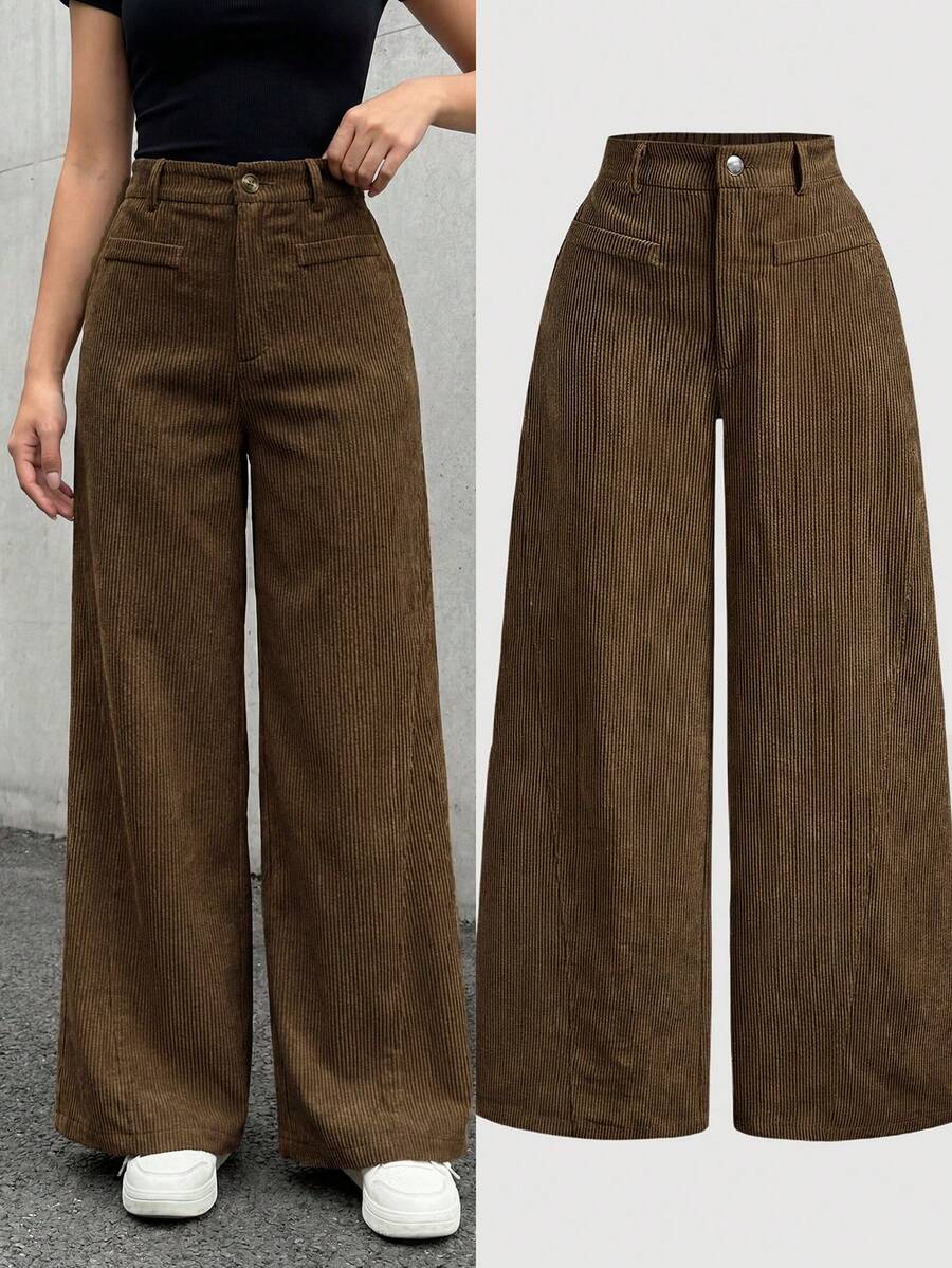 SHEIN Tween Girl Solid Color Retro Minimalist Corduroy Ribbed Pants, Khaki Wide Leg Trousers, Autumn/Winter Pants - Cocoa - View 1