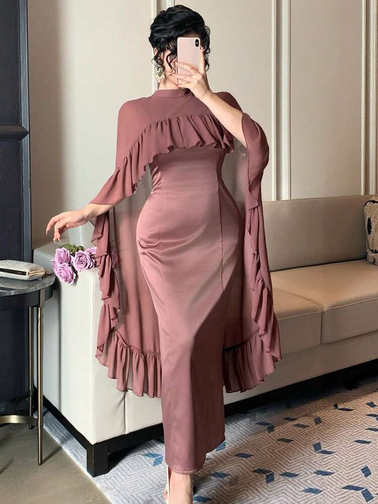 Spring & Summer Chiffon Shawl Collar Cover Up Top, Short Crop Top, Shirt Cover Up, Camisole Dress, 2-Piece Set, Fitted, Elegant, Suitable For Valentine's Day, Wedding, Party, Formal Occasion, Fashion Event, Commute, Satin Ruffle Hem Women's Outfit