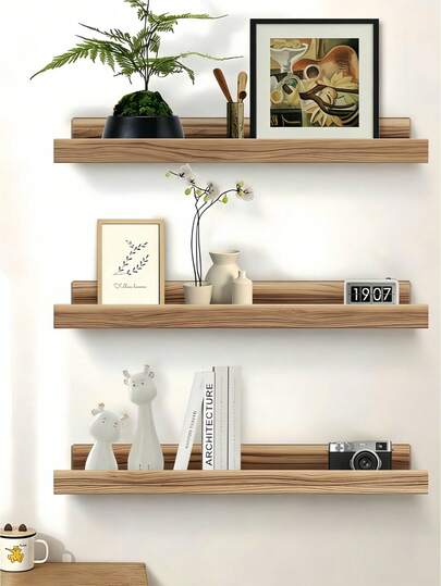 3 Juegos de estantes flotantes de madera vintage con borde elevado, montados en la pared, para decoración, exhibición, baño, cocina, marco de fotos moderno, color de madera natural, estantería multifuncional para dormitorio, sala de estar, solución de almacenamiento para decoración del hogar