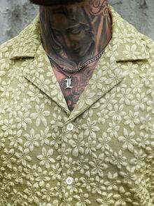 Manfinity CasualCool 男士花卉提花短袖衬衫短裤休闲套装，适合度假、夏季穿着，男士两件套夏季套装，男士短袖衬衫短裤套装，复古风格，日常休闲、周末旅行、远足旅行、轻松的工作环境，男友/丈夫礼物，周年纪念/生日礼物，派对、夏季假期、婚礼男士服装短裤套装 - 綠色 - 查看 5