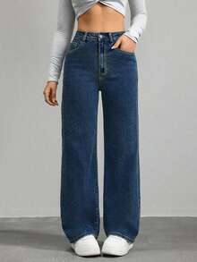 Women's High Waist Pocketed Wide Leg Loose Casual Versatile Denim Pants - Dusty Blue - View 4