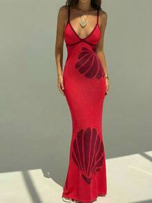 Aloruh Spring/Summer Vacation Romantic Date Shell Embroidery Knit Contrast Trim Women Sweater Dress - Red - View 7