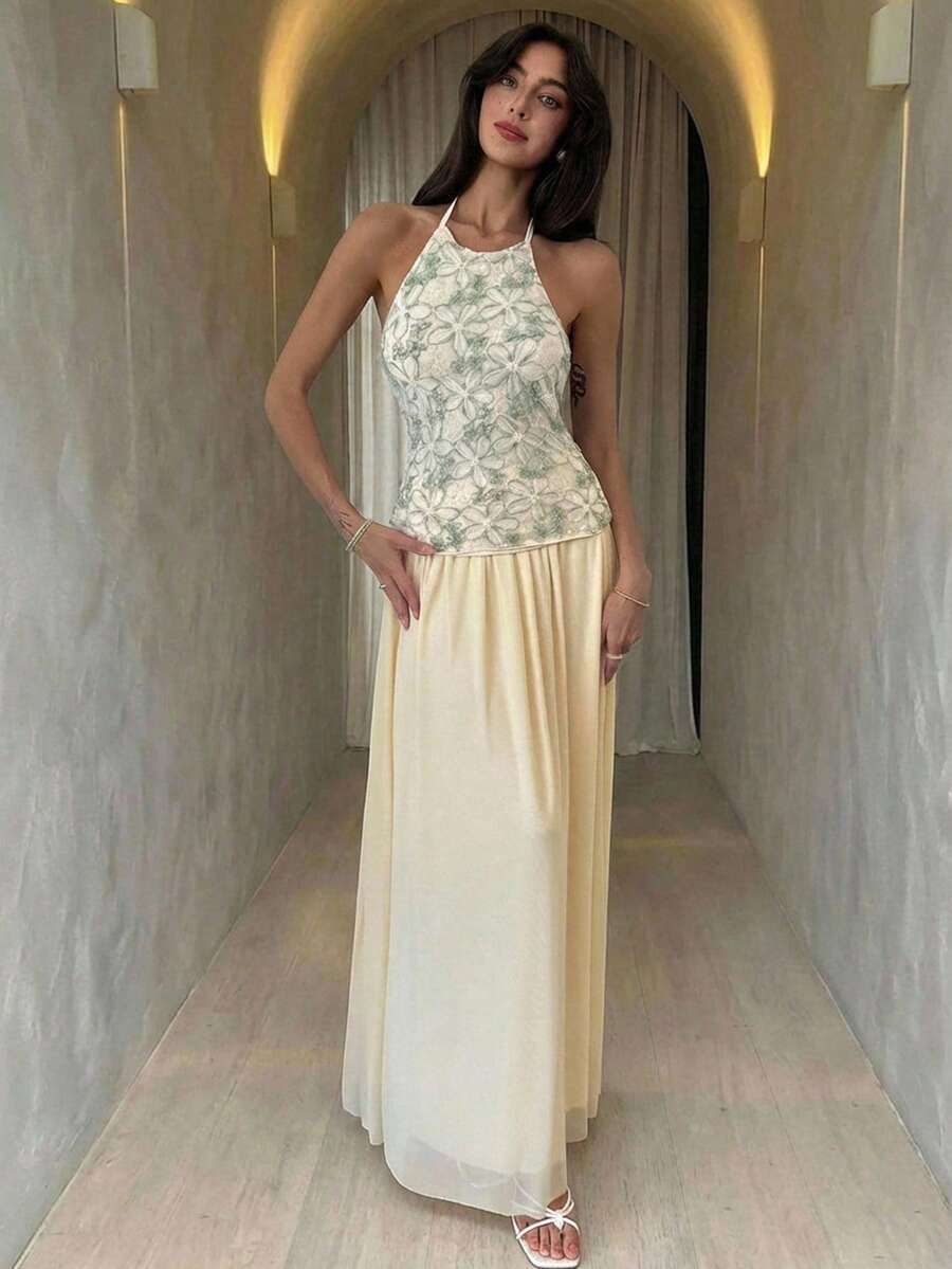 Aloruh 杏色露背吊带背心+长款分层网眼裙，女士浪漫约会度假装