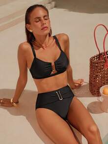 Swim Chiccia 2026 Spring/Summer Women's Black Thick Strap Adjustable Solid Color Gold U-Shape Decor High Cut Bikini Bottom Two Pieces Swimsuit Set - Black - View 6