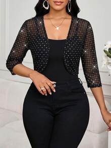 SHEIN Lady 女士水钻网眼开襟七分袖短款轻薄外套 - 黑色 - 查看 6