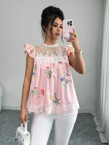 Elenzga 女士春夏波西米亚浪漫风衬衫，粉色热带花卉印花，白色蕾丝拼接，荷叶边袖口，宽松版型，适合婚礼宾客、约会、温泉度假、海滩旅行、休闲度假、通勤、日常休闲居家穿着。 - 粉色 - 查看 1