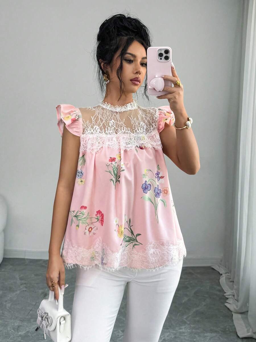 Elenzga 女士春夏波西米亚浪漫风衬衫，粉色热带花卉印花，白色蕾丝拼接，荷叶边袖口，宽松版型，适合婚礼宾客、约会、温泉度假、海滩旅行、休闲度假、通勤、日常休闲居家穿着。 - 粉色 - 查看 1