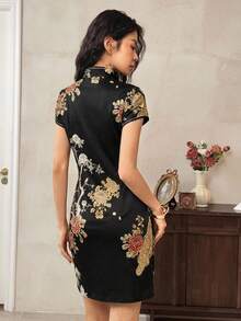 EastFlair 女士优雅新款中国风碎花修身连衣裙，夏季 - 黑色和金色 - 查看 7