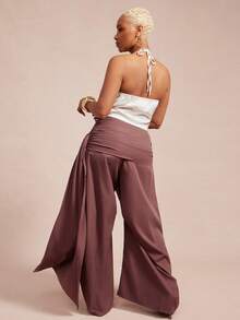 Vixey Solid Woven High Waist Gathered Sash Wide Barrel Leg Pants - Brown - View 4