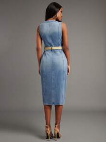 NYA SZN Dress Denim Sleeveless Button Up Fitted Pocket Detail Slit Blue Medium Wash Easter St. Patrick's Day Spring Break Spring Summer Everyday Business Casual Streetwear Event Luxury Cotton Midi Length Outfits For Women - Medium Wash - View 2