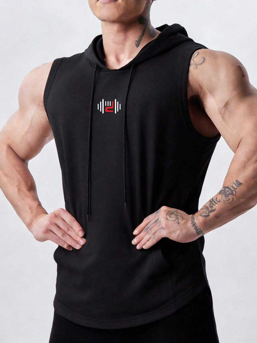 GymBeat 男士印花抽绳休闲健身连帽背心 - 黑色 - 查看 1