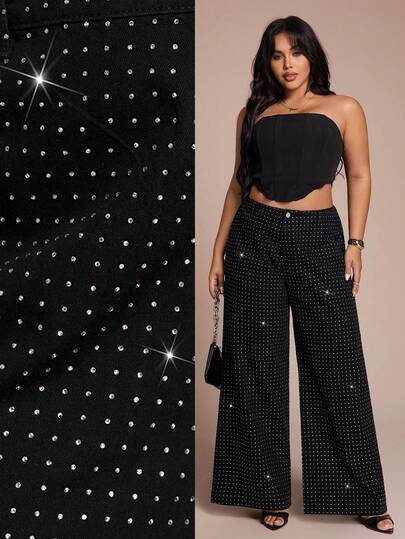 SHEIN Tall CURVE Summer Tall CURVE Plus Size Woman Casual Party Wedding Birthday High Waisted Black Rhinestone Wide Leg Pants For Women Sparkly Crystal Studded Baggy Pants Black Rhinestone Decorated High Waist Black Jeans