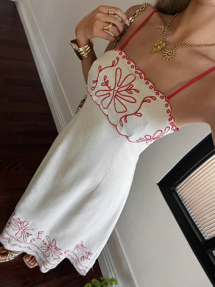 Contrast Color Pattern Embroidered A-Line Maxi Casual Vacation Summer Dress For Women Sundress Boho