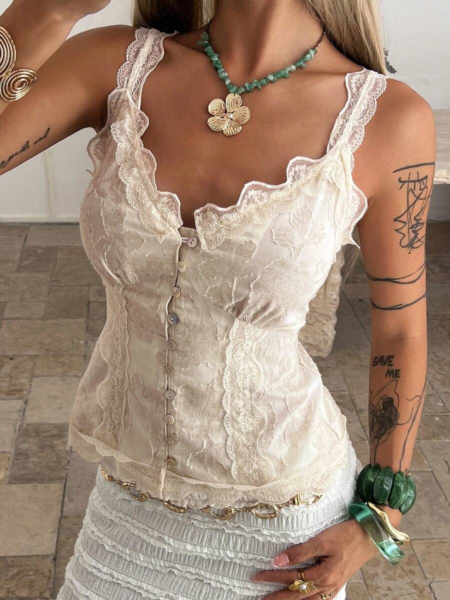 DAZY Women's Floral Contrast Lace Trim Camisole, Elegant Waist Cinched Vacation Summer Top - Apricot - View 1