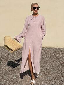 Livesso Pink Round Neck Long Sleeve Drawstring Loose Vacation Midi Dress For Women, Spring/Summer Sundress - Pink - View 6