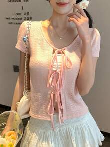 DAZY Maglietta casual estiva da donna a maniche corte con nodo frontale, tinta unita - Rosa - Visualizzare 3