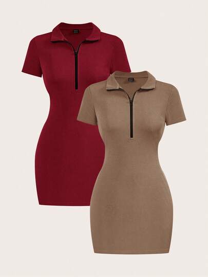 SHEIN BASICS 2pcs Casual Solid Color Knit Collared Half-Zip Mini Dress For Women Short Sleeve Dresses Bodycon Dresses Polo Dress Women Collared Dress Women