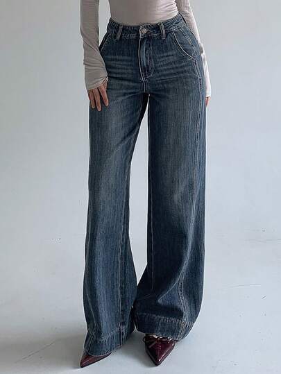 DAZY Quần jeans ống rộng dáng retro, chất liệu denim mài, thích hợp cho nữ, phong cách mùa hè.