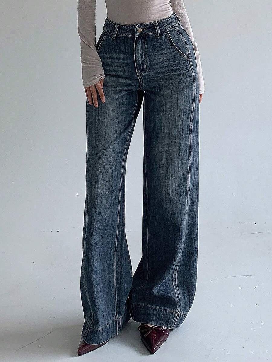 DAZY Quần jeans ống rộng dáng retro, chất liệu denim mài, thích hợp cho nữ, phong cách mùa hè. - Màu xanh lam - Xem 1