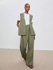 ATUI Studio Women's 2-Piece Linen Blend Outfit – Sleeveless Vest & Pants Set, Summer Vacation Coord Set 2026 - Khaki - View 1