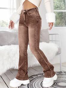 Selenza Jeans de pierna acampanada con cintura alta, bordado geométrico y detalles de tachuelas para mujer con 4 bolsillos - Café integral - Ver 12