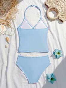SHEIN Sparklyn Bộ đồ bơi Tankini 2 mảnh cho bé gái tuổi teen, họa tiết hoa xanh, dây mảnh, buộc dây bên hông, chất liệu vải dệt kim, thanh lịch và dễ thương, thích hợp cho bơi lội, bãi biển, hồ bơi, kỳ nghỉ hè, lễ hội. - Màu xanh lam - Xem 3