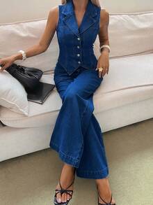 DAZY Women's Casual Washed Denim Vest & Wide Leg Pants 2-Piece Suit, Spring/Summer - Medium Wash - View 4