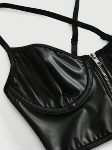 ROMWE Grunge Punk Dark Punk PU Zipper Cross Bra And Thong Sexy Lingerie Set - Black - View 3