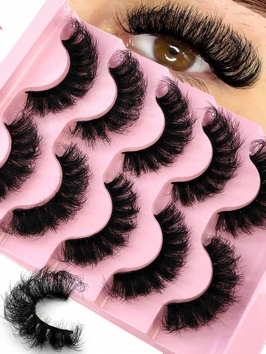 5对/包 自然蓬松人造假睫毛，迷人凌乱貂毛假睫毛，8D纤长浓密持久假睫毛条，打造狐狸眼提拉妆效，全睫毛线 - 黑色 - 查看 1