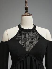 ROMWE Boho Goth Dark Forbidden Forest Snake Dreamcatcher Embroidery Hollow Design Flare Sleeve Asymmetrical Hem Dress - Black - View 2