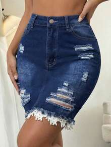 SHEIN LUNE 女士口袋纽扣做旧毛边下摆休闲百搭日常牛仔迷你裙 - 深色水洗藍 - 查看 5