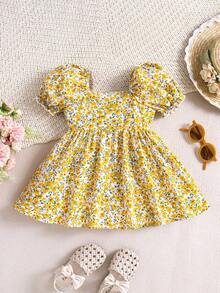 新生儿夏季可爱度假碎花泡泡袖方领连衣裙 - 黃色 - 查看 4