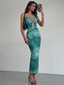 Aloruh 女士夏季印花镂空露背连衣裙，夏季度假连衣裙，沙滩连衣裙，波西米亚热带度假风连衣裙 - 藍色 - 查看 5