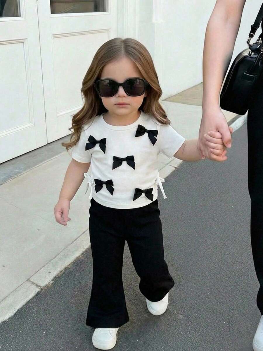 SHEIN Babygirl Summer Casual Cute Knit White Bow Top And Elastic Waist Pants Set - White - View 1