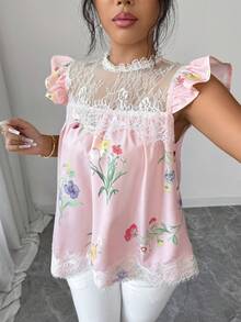 Elenzga 女士春夏波西米亚浪漫风衬衫，粉色热带花卉印花，白色蕾丝拼接，荷叶边袖口，宽松版型，适合婚礼宾客、约会、温泉度假、海滩旅行、休闲度假、通勤、日常休闲居家穿着。 - 粉色 - 查看 4