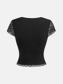 Girlism Teen Girls Lace Patchwork Square Neck Fitted T-Shirt - Black - View 2